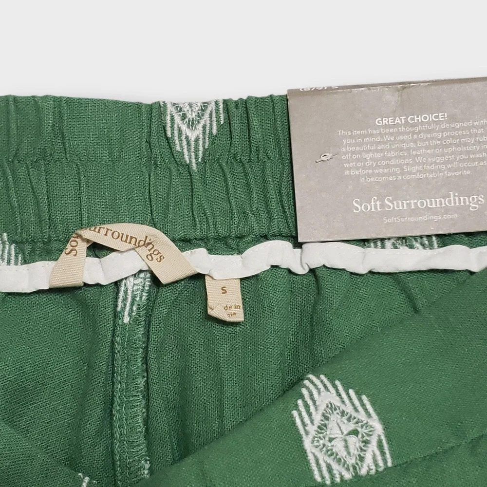 NWT Soft Surroundings Green Embroidered Linen Blend Wide Leg Crop Pants Small - Picture 5 of 12